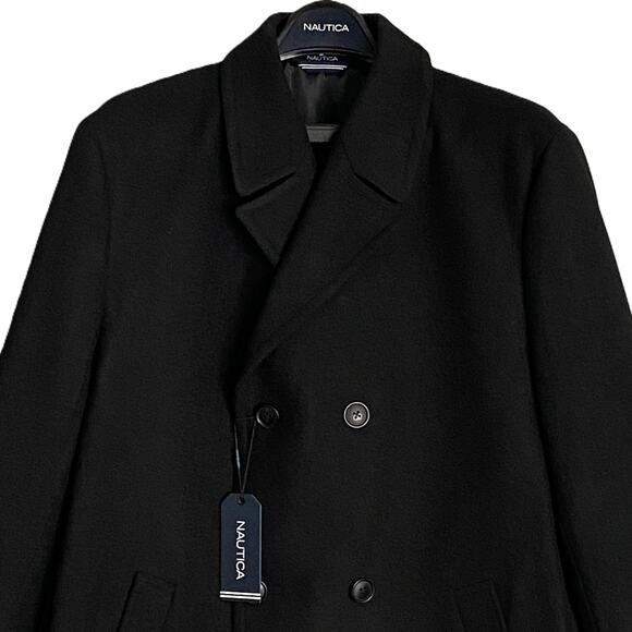 Nautica Overcoat Men's 42 Regular Double-Breasted Wool Blend Lined Black NEW - Picture 2 of 10